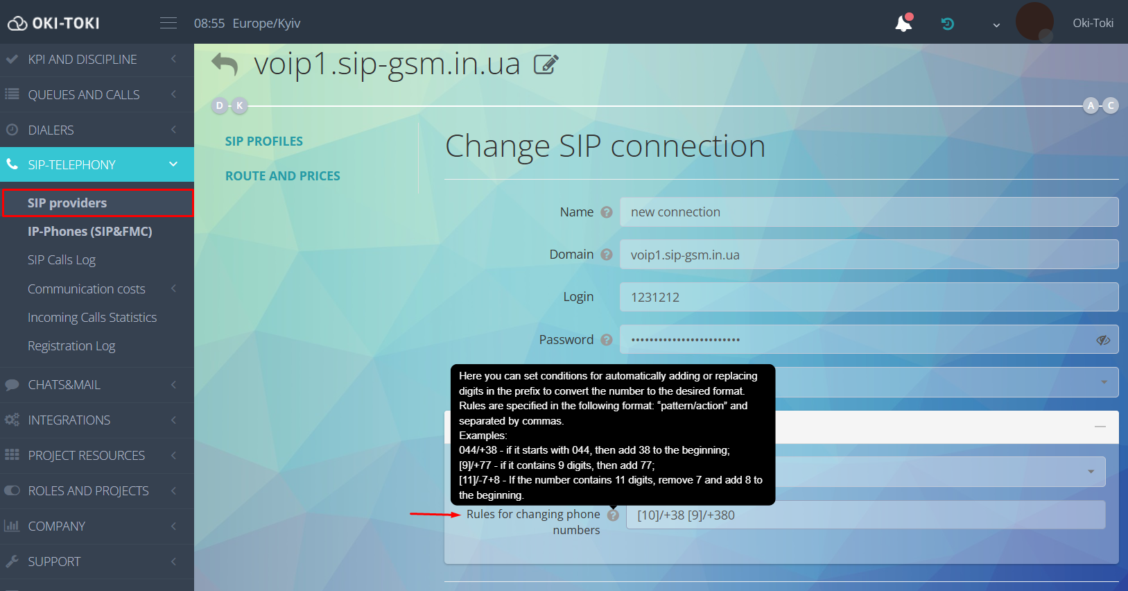 Transformación en perfil SIP