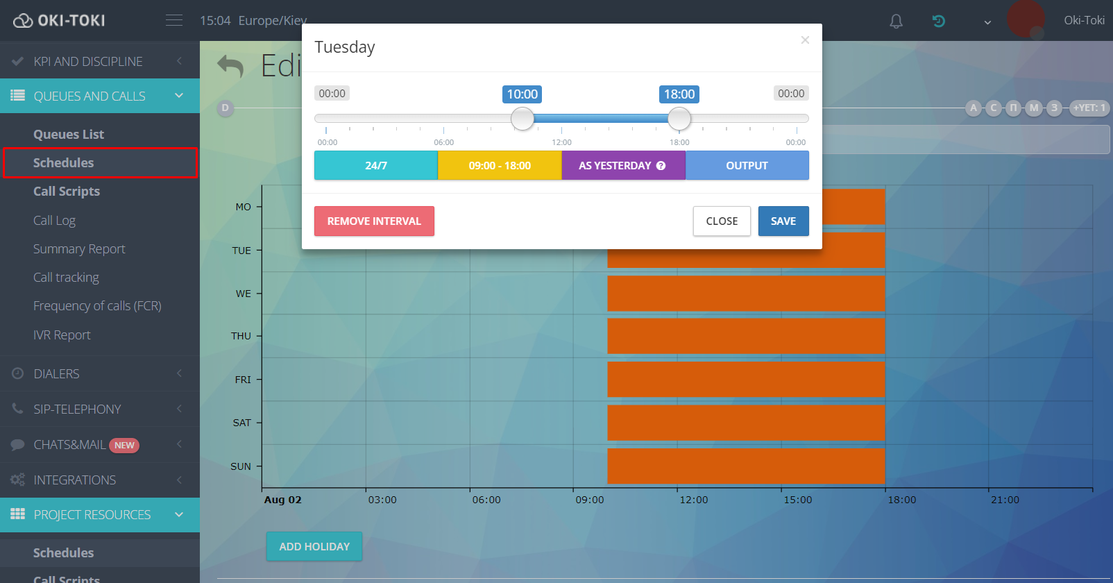 Horario para llamadas entrantes